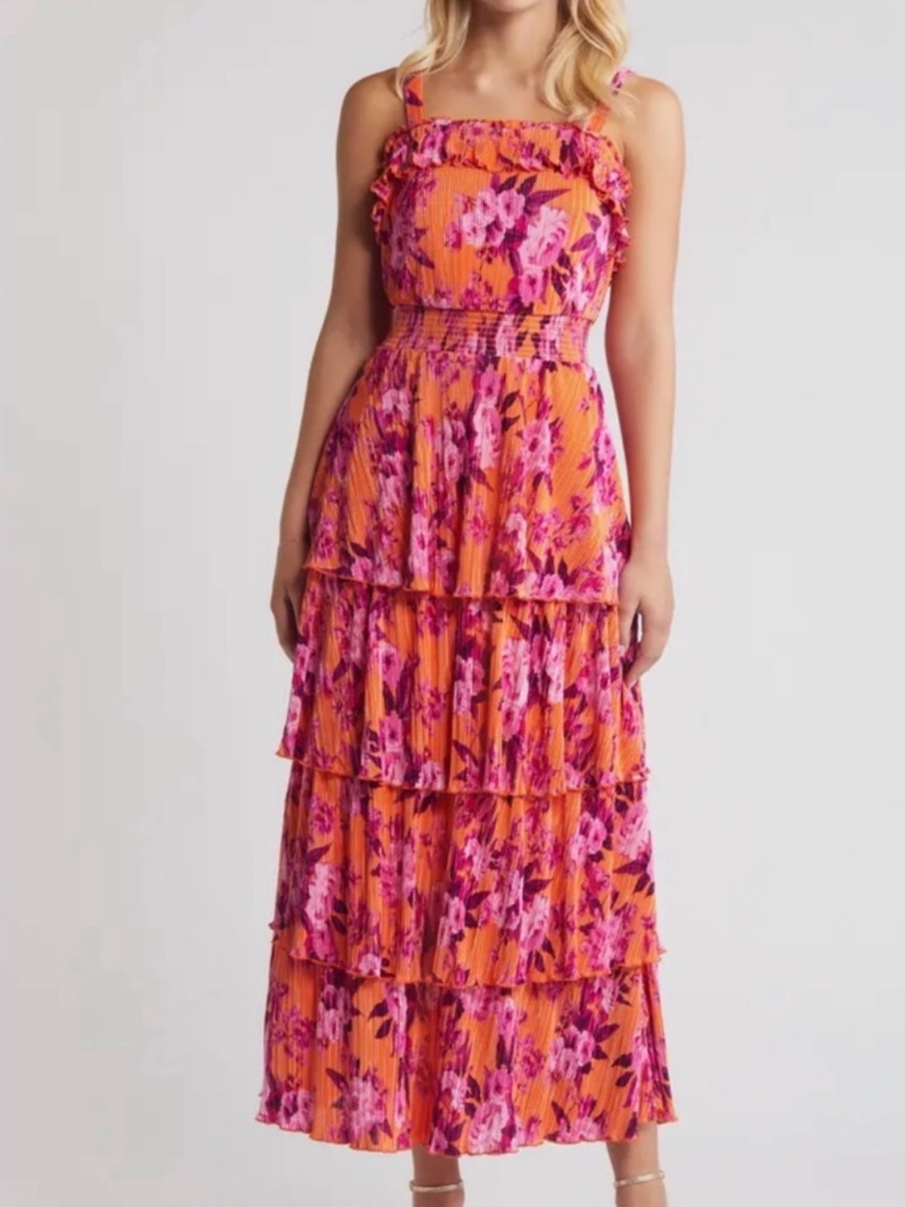 Chelsea 28 Floral Plissé Tiered Maxi Dress NWT XXS Orange Pink Blossoms